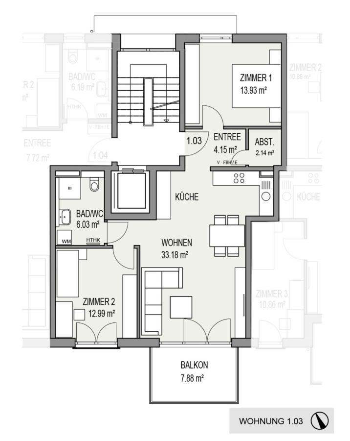 3-Zimmer-Obergeschosswohnung mit Lift u. sonnigem Balkon - Grundriss