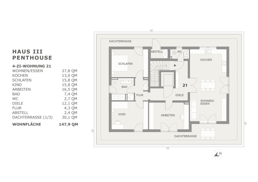 4-Zimmer-Penthouse mit zusätzlichem Hobbyraum und Lift bis in die Wohnung - Grundriss Wohnung 21