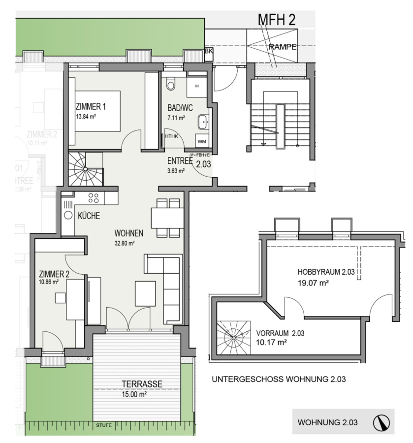 3-Zimmer-Wohnung mit Hobbyraum u. Süd-West-Ausrichtung - Grundriss