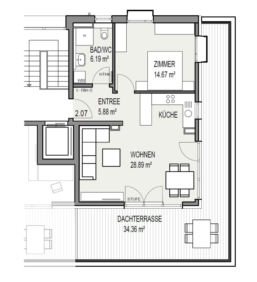 2-Zimmer-DG-Wohnung mit Bergblick und sonniger Terrasse in Stephanskirchen - Grundriss