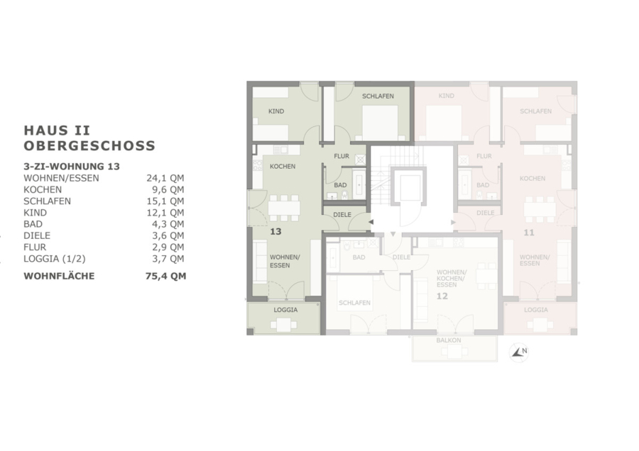 Neubau: Moderne 3-Zimmer-Wohnung im 1. OG in kleinem MFH mit Lift in WOR - Grundriss Wohnung 13