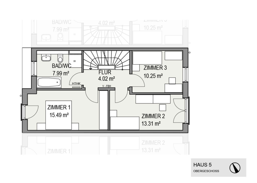 Reihenhaus mit Platz auf drei Ebenen und Dachterrasse - Grundriss Obergeschoss- Unverbindliche Darstellung aus Sicht des Illustrators
