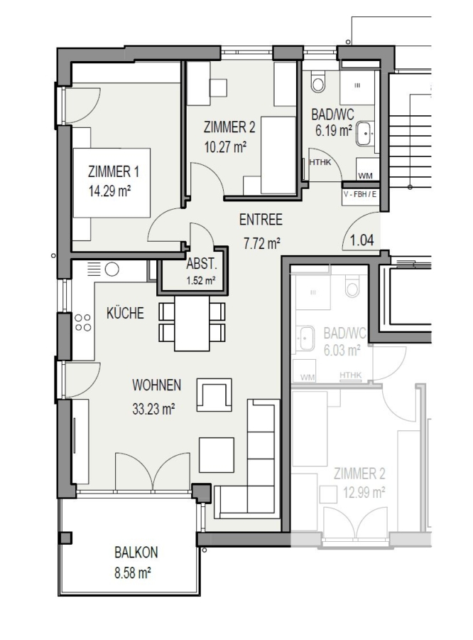 Moderne 3-Zimmer-Obergeschoss-Wohnung mit Südbalkon - Grundriss