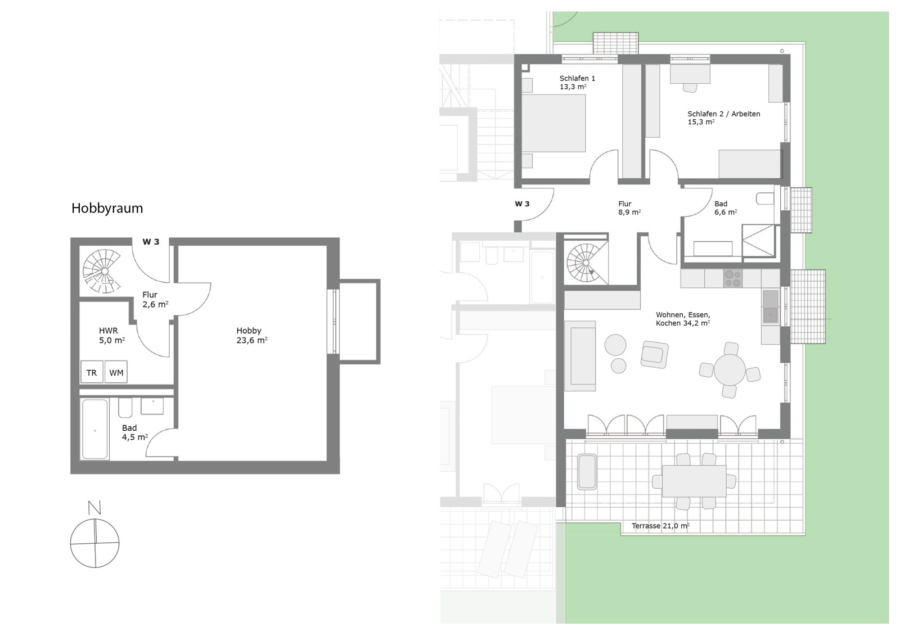 3-Zi-Maisonette-Wohnung im EG mit extra Hobbyraum und umliegendem Garten - Wohnung 3 EG